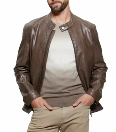 Classic Dark Brown Cafe Racer Leather Jacket Front