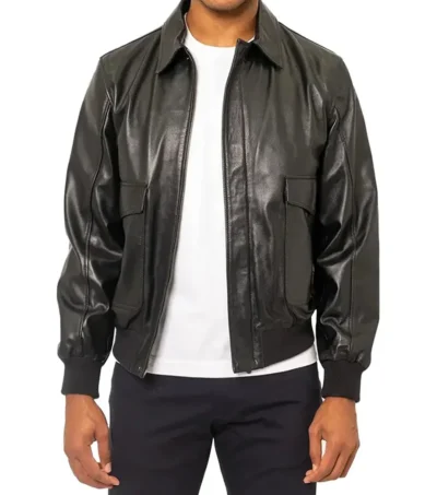 Classic Men Black Leather Bomber Jacket