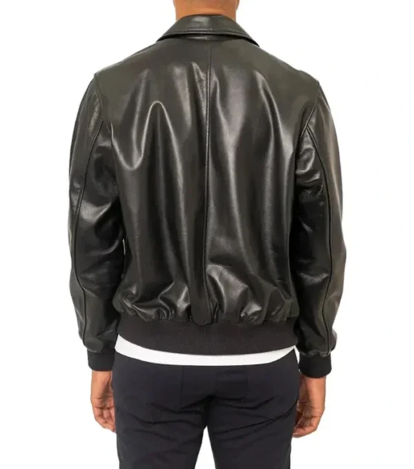 Classic Men Black Leather Bomber Jacket Back
