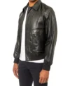 Classic Men Black Leather Bomber Jacket Side Look