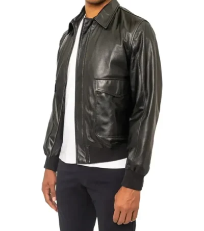 Classic Men Black Leather Bomber Jacket Side Look