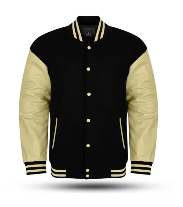 Classic Mens Black Wool Varsity Jacket Beige Sleeves