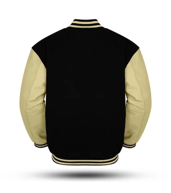 Classic Mens Black Wool Varsity Jacket Beige Sleeves Back