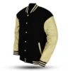 Classic Mens Black Wool Varsity Jacket Beige Sleeves Side Look