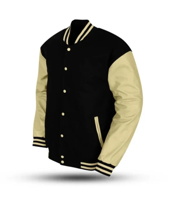 Classic Mens Black Wool Varsity Jacket Beige Sleeves Side Look