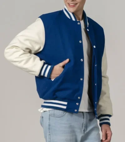Classic Varsity Wool Jacket with White Sleeves Side Look