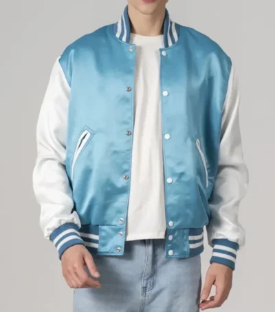 Darevon Blue Satin Varsity with White Sleeves Jacket
