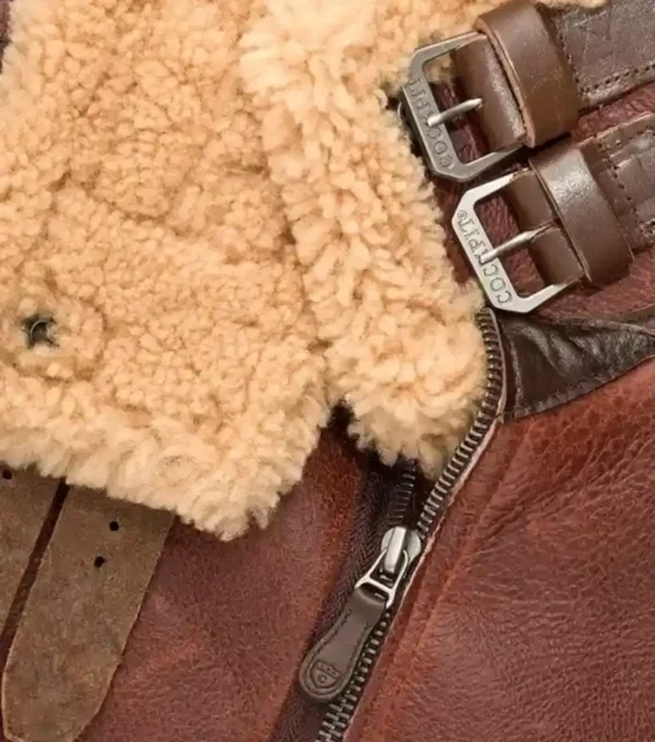 Dark Brown Aviator B3 Leather Jacket with Beige Fur Closer