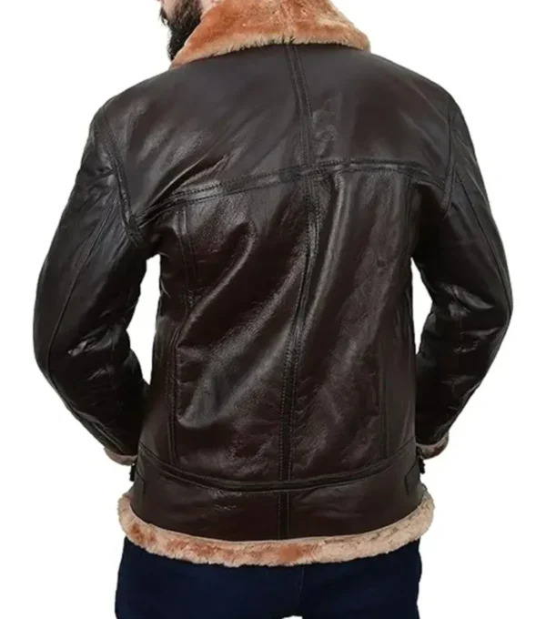 Dark Brown B3 Aviator Jacket with Belted Shearling Collar Back