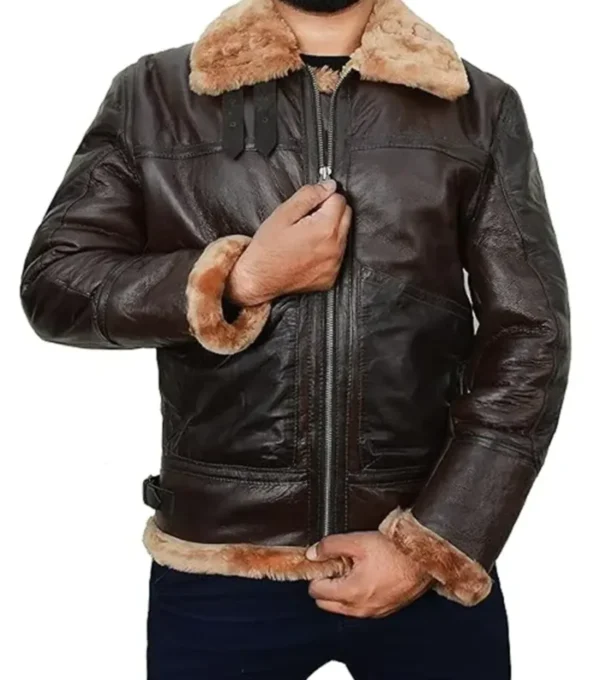 Dark Brown B3 Aviator Jacket with Belted Shearling Collar Front
