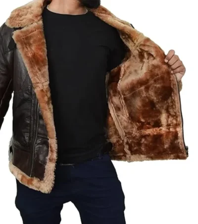 Dark Brown B3 Aviator Jacket with Belted Shearling Collar Pocket