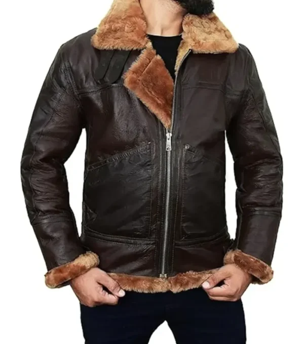 Dark Brown B3 Aviator Jacket with Belted Shearling Collar on Sale