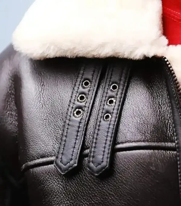 Dark Brown B3 Leather Jacket with Belted Collar Front