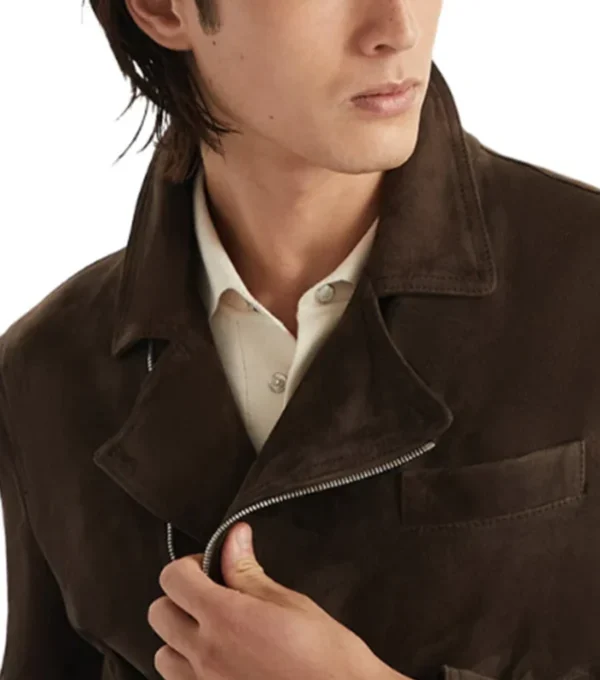 Dark Brown Biker Leather Jacket with Front Zipper Closer