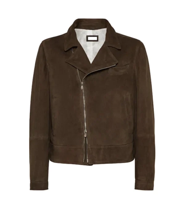 Dark Brown Biker Leather Jacket with Front Zipper Front