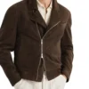 Dark Brown Biker Leather Jacket with Front Zipper Look