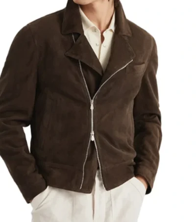 Dark Brown Biker Leather Jacket with Front Zipper Look