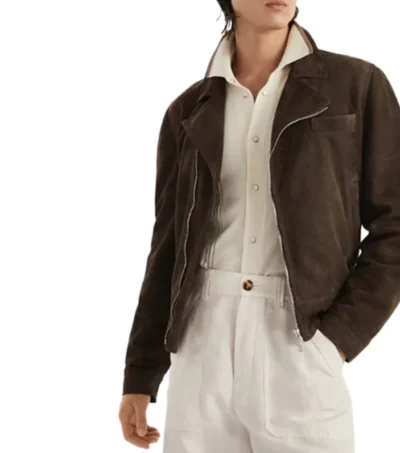 Dark Brown Biker Leather Jacket with Front Zipper Side Look