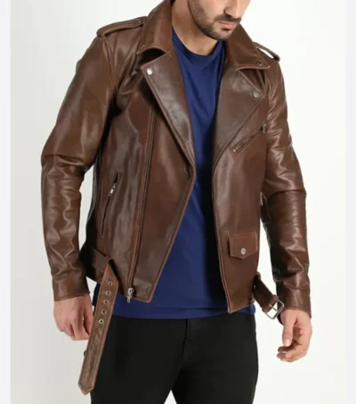 Dark Brown Biker Leather Jacket with Zipper Sale