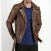 Dark Brown Biker Leather Jacket with Zipper Side Look