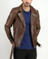 Dark Brown Biker Leather Jacket with Zipper Side Look