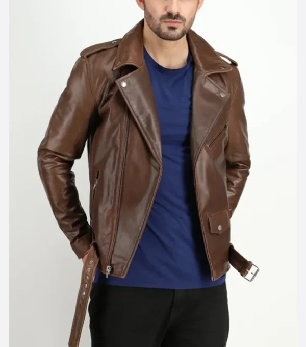 Dark Brown Biker Leather Jacket with Zipper Side Look
