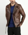 Dark Brown Biker Leather Jacket with Zipper on Sale