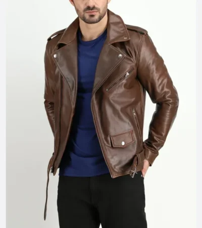 Dark Brown Biker Leather Jacket with Zipper on Sale