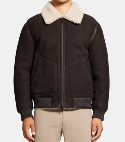 Dark Brown Bomber Style Real Leather Jacket Front