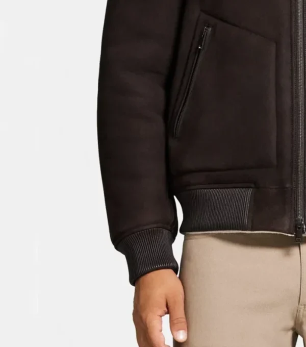 Dark Brown Bomber Style Real Leather Jacket Pocket