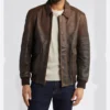 Dark Brown Leather Bomber Jacket