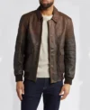 Dark Brown Leather Bomber Jacket