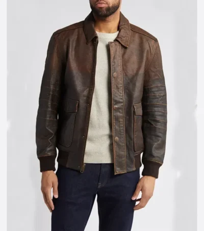Dark Brown Leather Bomber Jacket