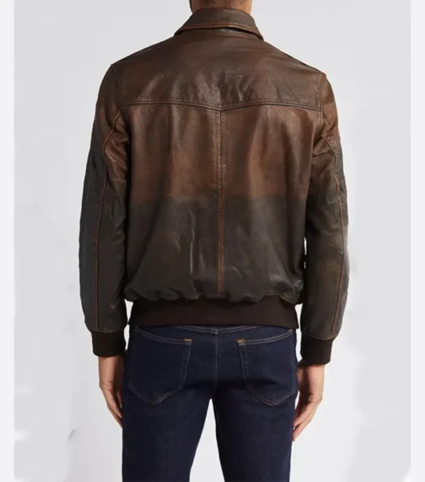 Dark Brown Leather Bomber Jacket Back