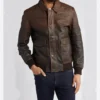 Dark Brown Leather Bomber Jacket Front