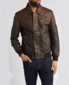 Dark Brown Leather Bomber Jacket Front
