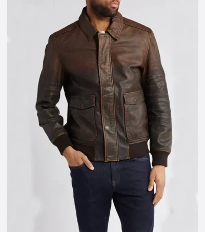 Dark Brown Leather Bomber Jacket Front