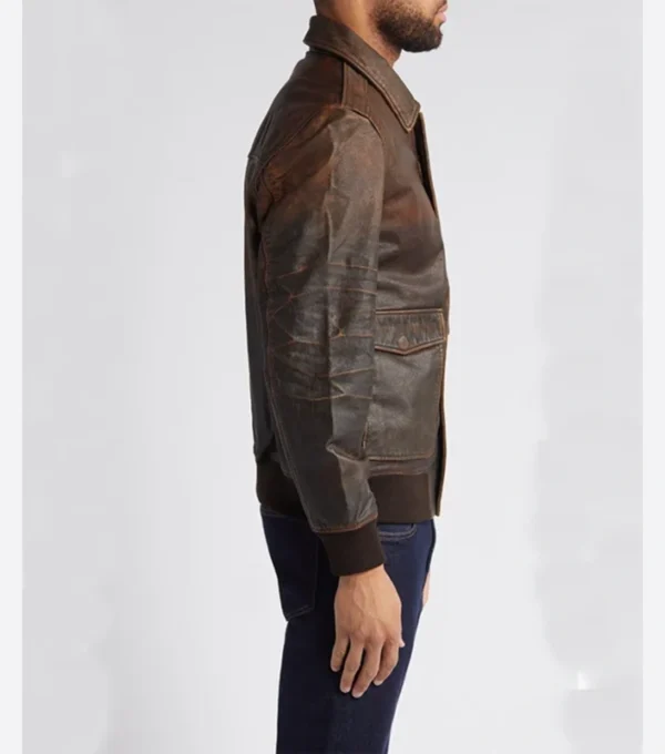 Dark Brown Leather Bomber Jacket Side Look