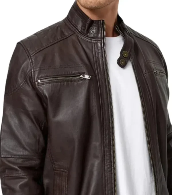 Dark Brown Leather Cafe Racer Jacket for Men Closer Look