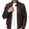 Dark Brown Leather Cafe Racer Jacket for Men Front