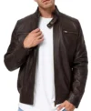 Dark Brown Leather Cafe Racer Jacket for Men Front