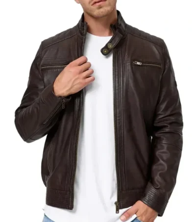 Dark Brown Leather Cafe Racer Jacket for Men Front