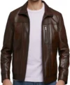Dark Brown Leather Jacket with Chest Zipper Pocket