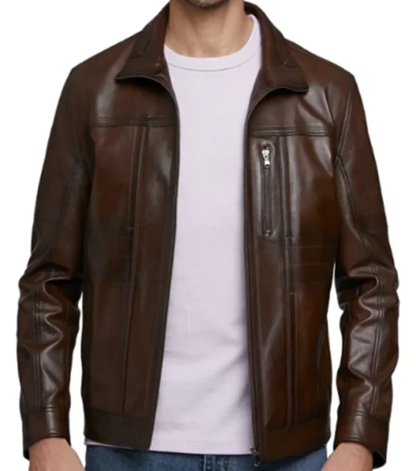 Dark Brown Leather Jacket with Chest Zipper Pocket