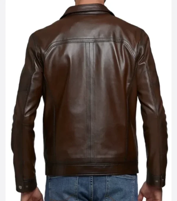 Dark Brown Leather Jacket with Chest Zipper Pocket Back