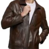 Dark Brown Leather Jacket with Chest Zipper Pocket Front