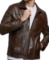 Dark Brown Leather Jacket with Chest Zipper Pocket Front