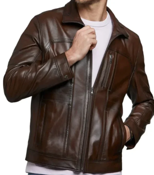 Dark Brown Leather Jacket with Chest Zipper Pocket Front