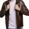 Dark Brown Leather Jacket with Chest Zipper Pocket on Sale