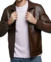 Dark Brown Leather Jacket with Chest Zipper Pocket on Sale